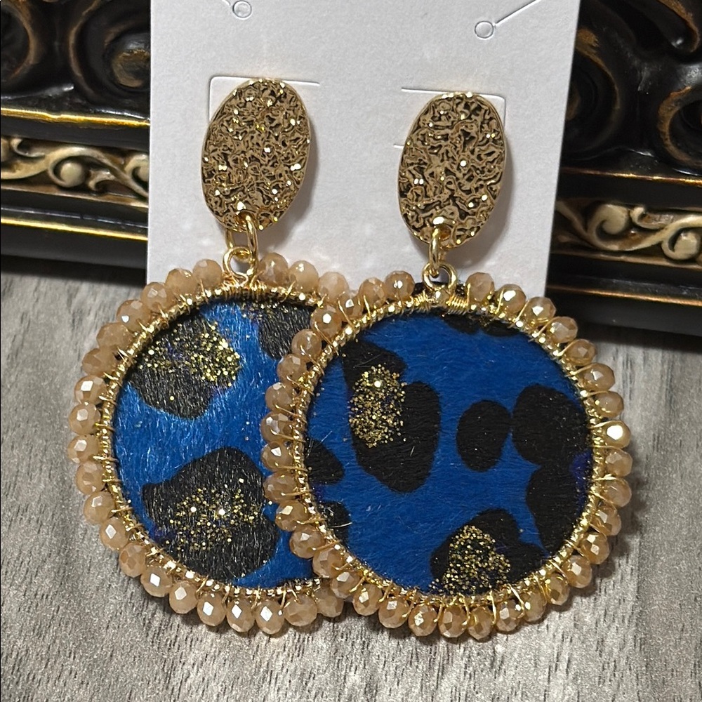 Gold and Blue Leopard Print Earrings